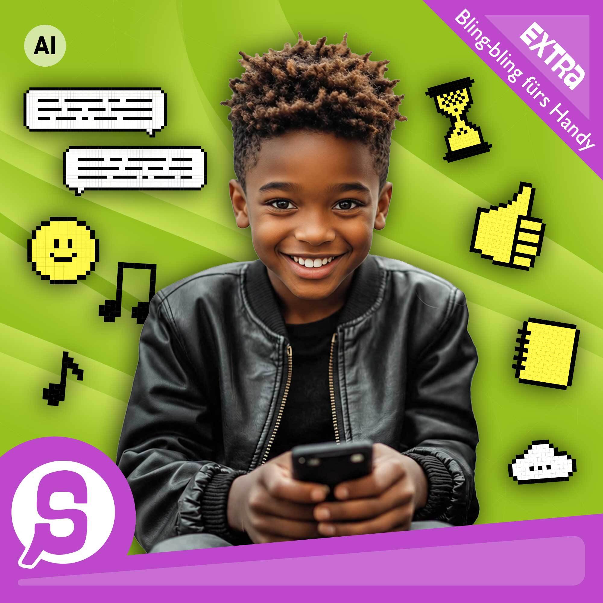 „Titelbild erstes Handy“ – Junge Person mit Smartphone, umgeben von Symbolen für Nachrichten, Musik, Unterhaltung und digitale Kommunikation.