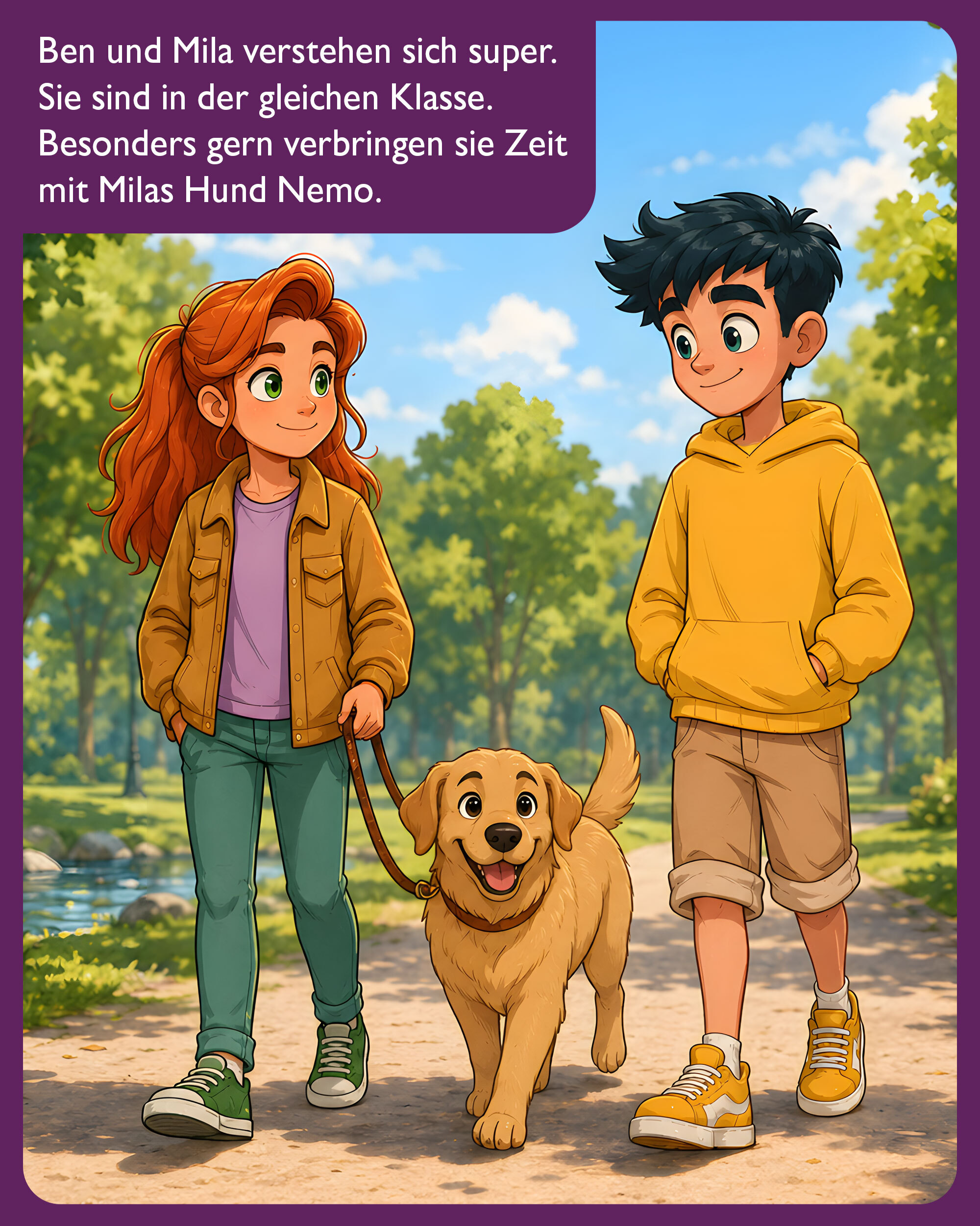 Ben und Mila gehen mit dem Hund Nemo im Park spazieren