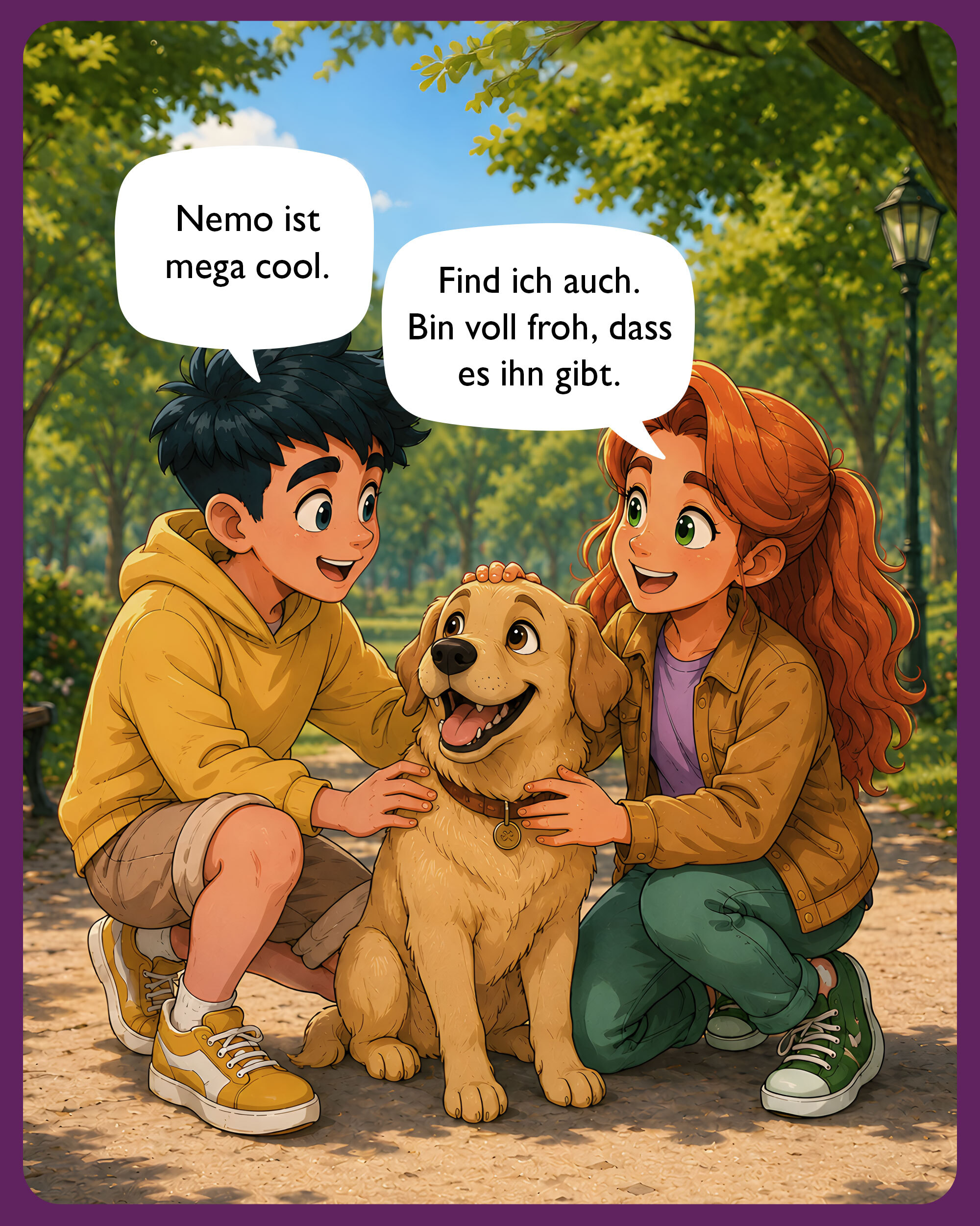 Comic-Illustration eines Jungen und eines Mädchens, die gemeinsam einen Hund streicheln und sich über ihn unterhalten.