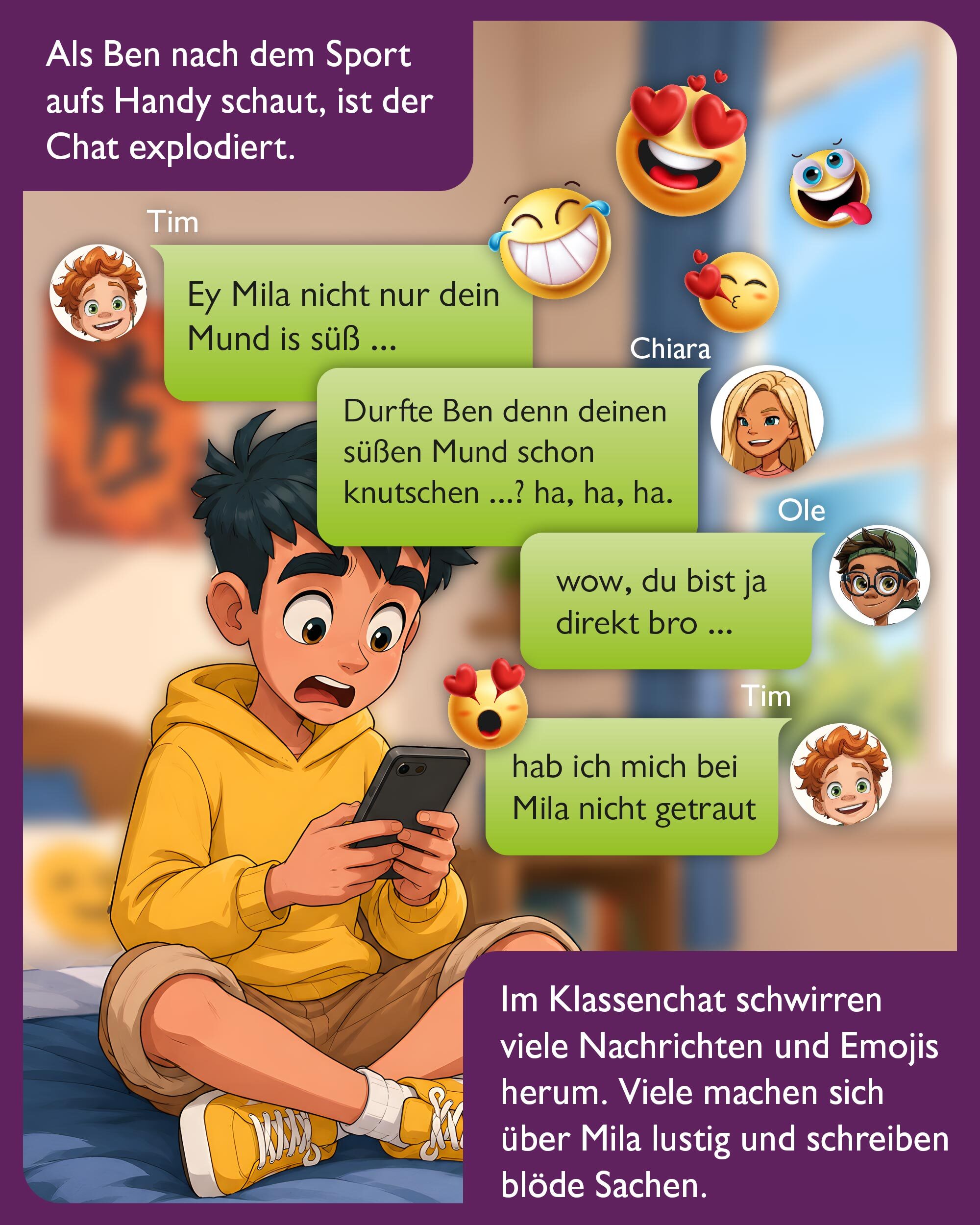 „Klassenchat“ – Comic-Illustration eines Schülers, der nach dem Sport auf sein Smartphone schaut und von zahlreichen Nachrichten und Emojis im Klassenchat überrascht wird.