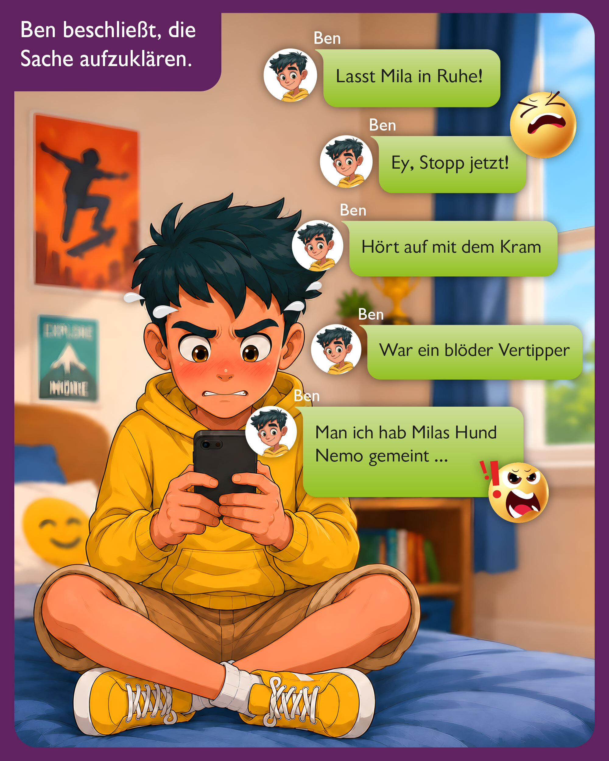 Comic-Illustration eines Jungen, der im Klassenchat auf beleidigende Nachrichten reagiert und versucht, die Situation rund um ein Missverständnis aufzuklären.
