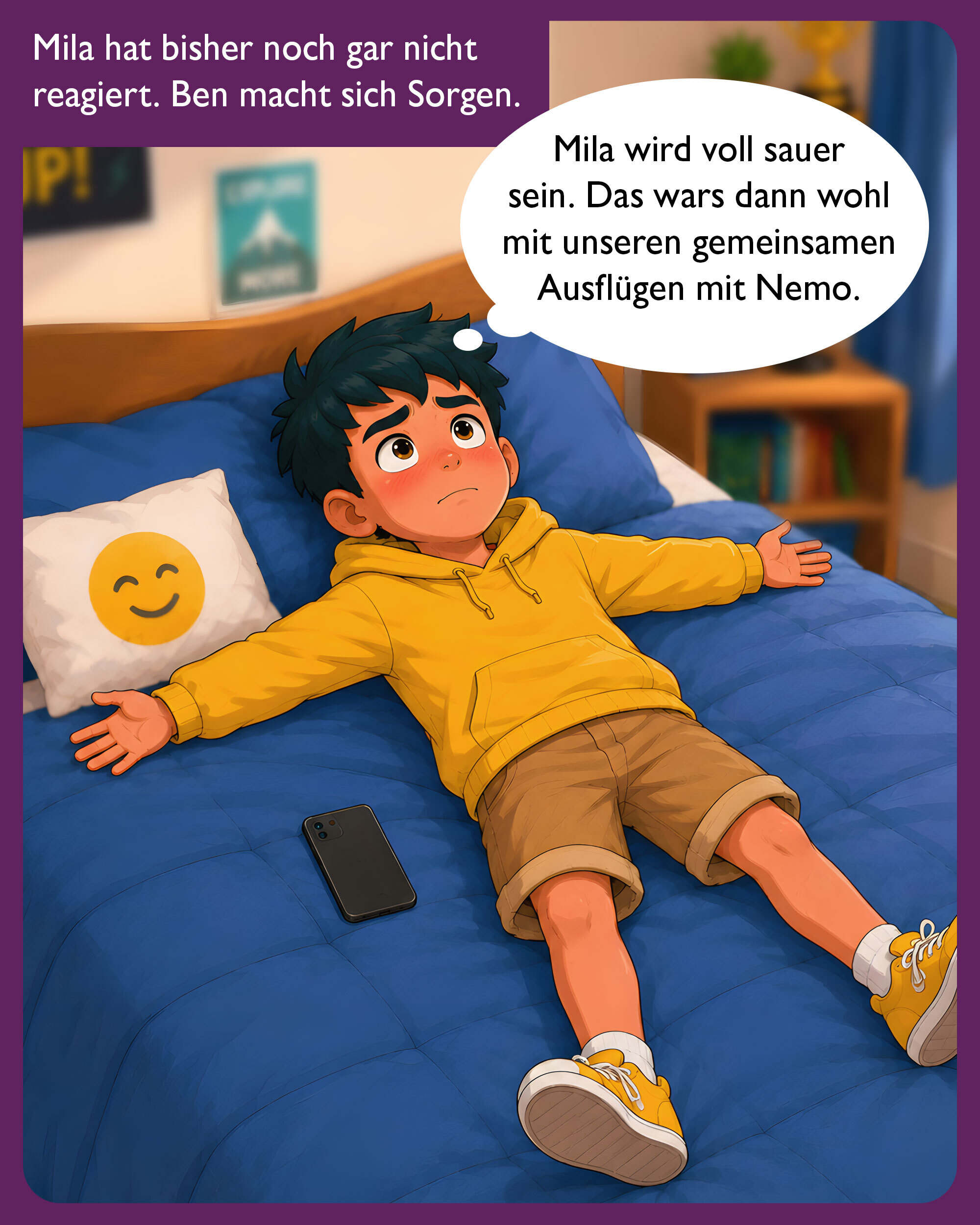 Comic-Illustration eines Jungen, der besorgt auf seinem Bett liegt und sich Gedanken darüber macht, warum Mila noch nicht auf seine Nachrichten reagiert hat.