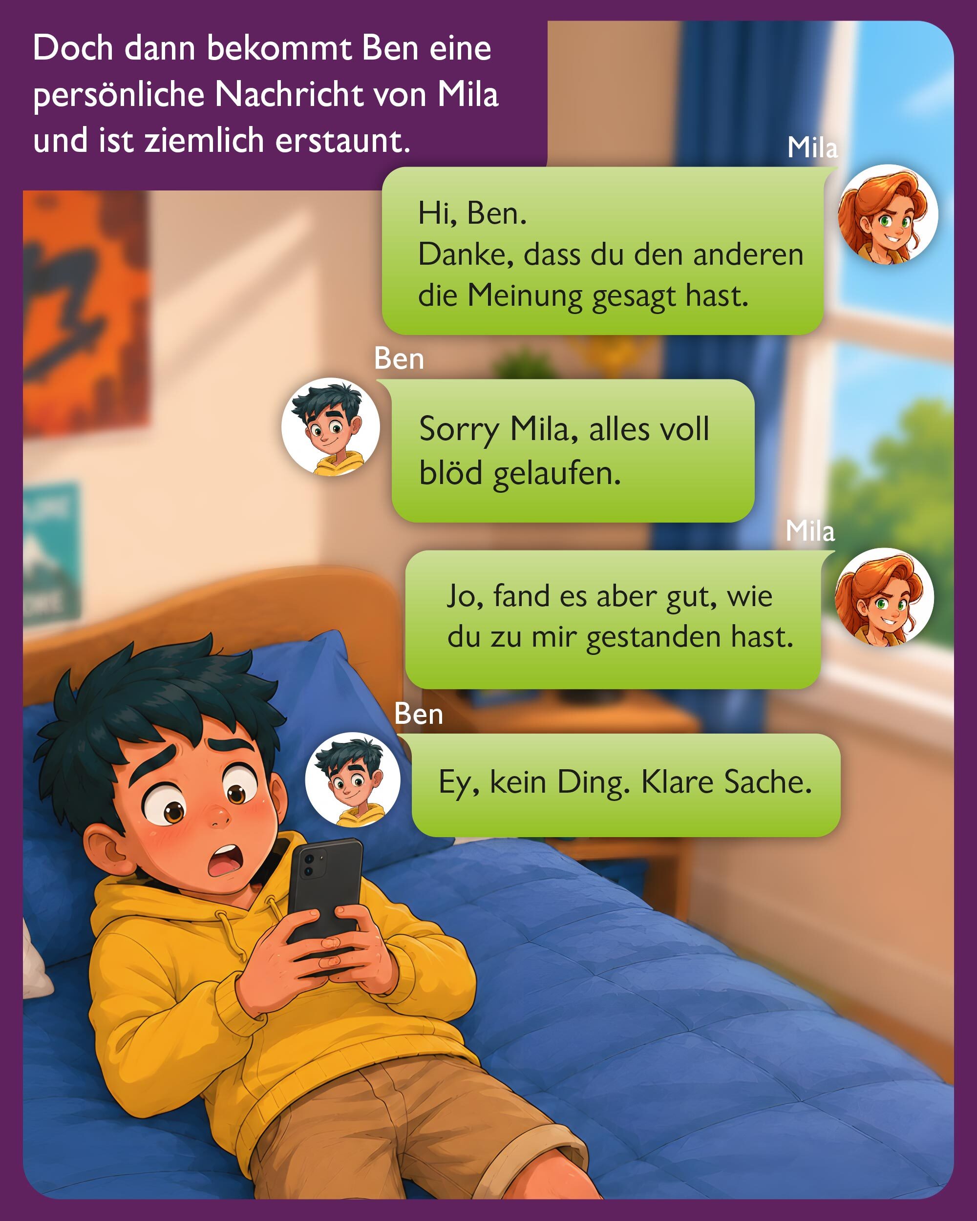 Comic-Illustration eines Jungen, der auf seinem Bett eine persönliche Nachricht von Mila erhält und sich erleichtert über die Klärung des Missverständnisses zeigt.
