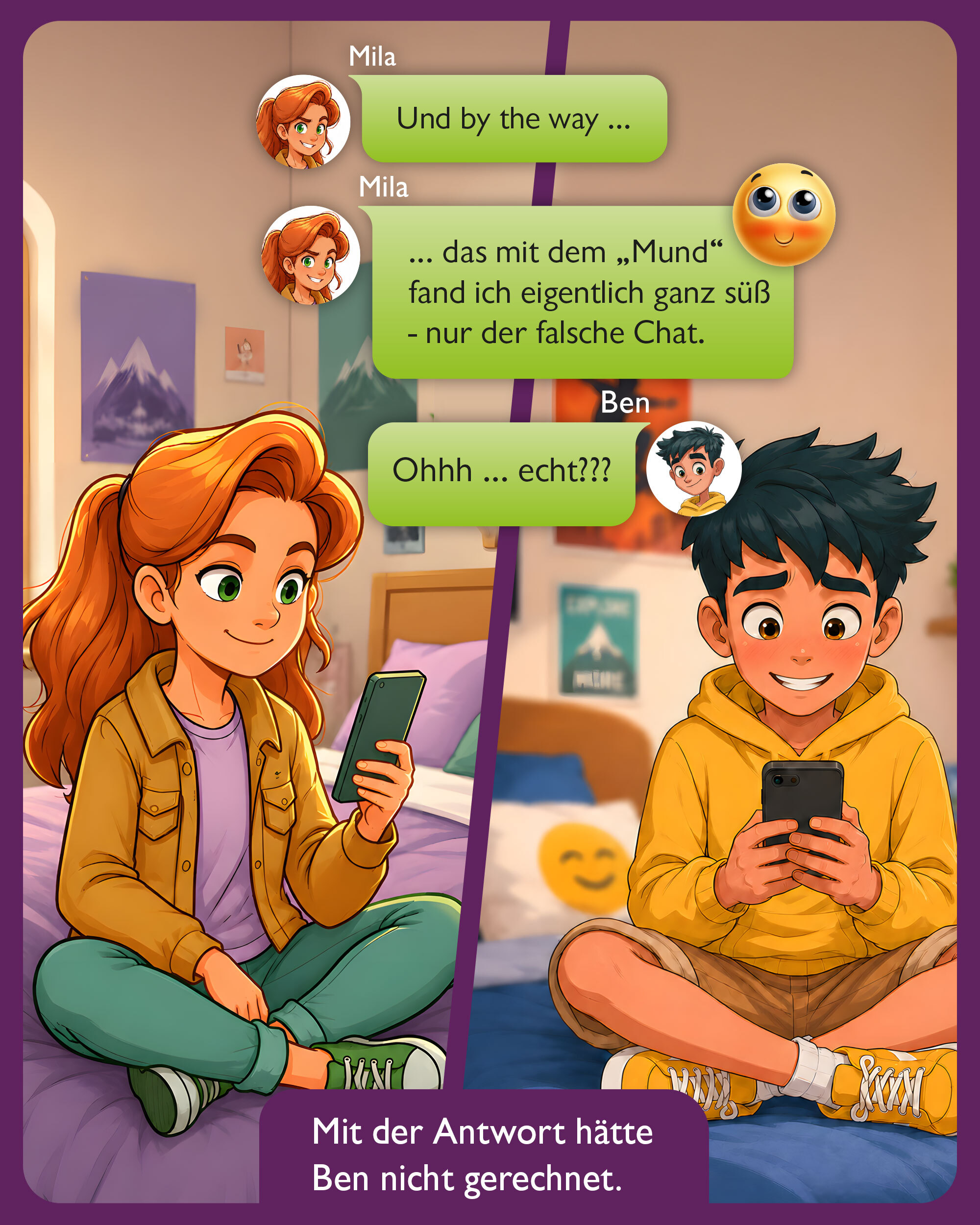 Comic-Illustration von Mila und Ben, die nach dem Missverständnis im Klassenchat miteinander schreiben und feststellen, dass die Nachricht versehentlich an den falschen Chat gesendet wurde.