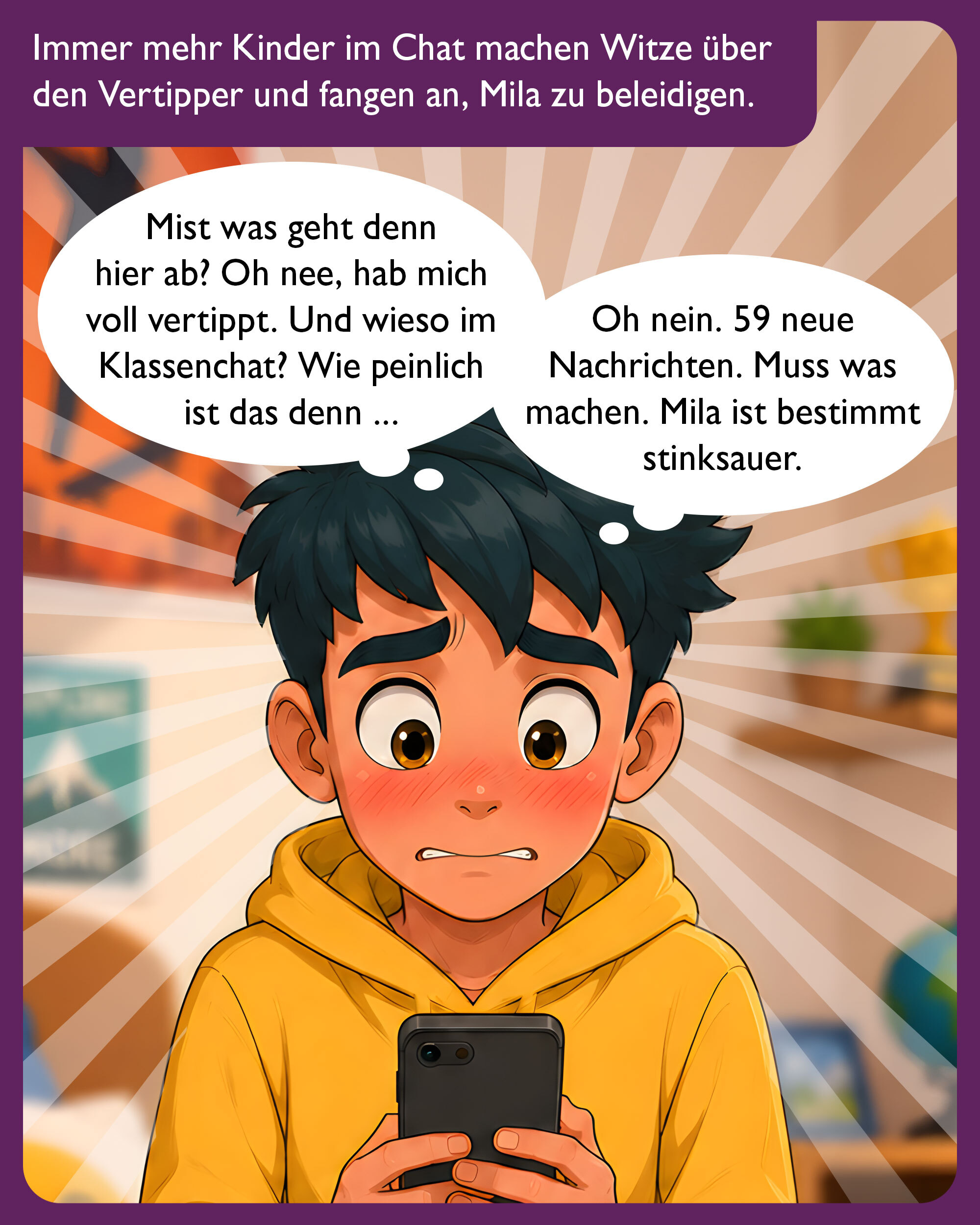 „Klassenchat – 59 neue Nachrichten“ – Comic-Illustration eines Schülers, der erschrocken auf sein Smartphone schaut, nachdem im Klassenchat zahlreiche Nachrichten über ihn geschrieben wurden.