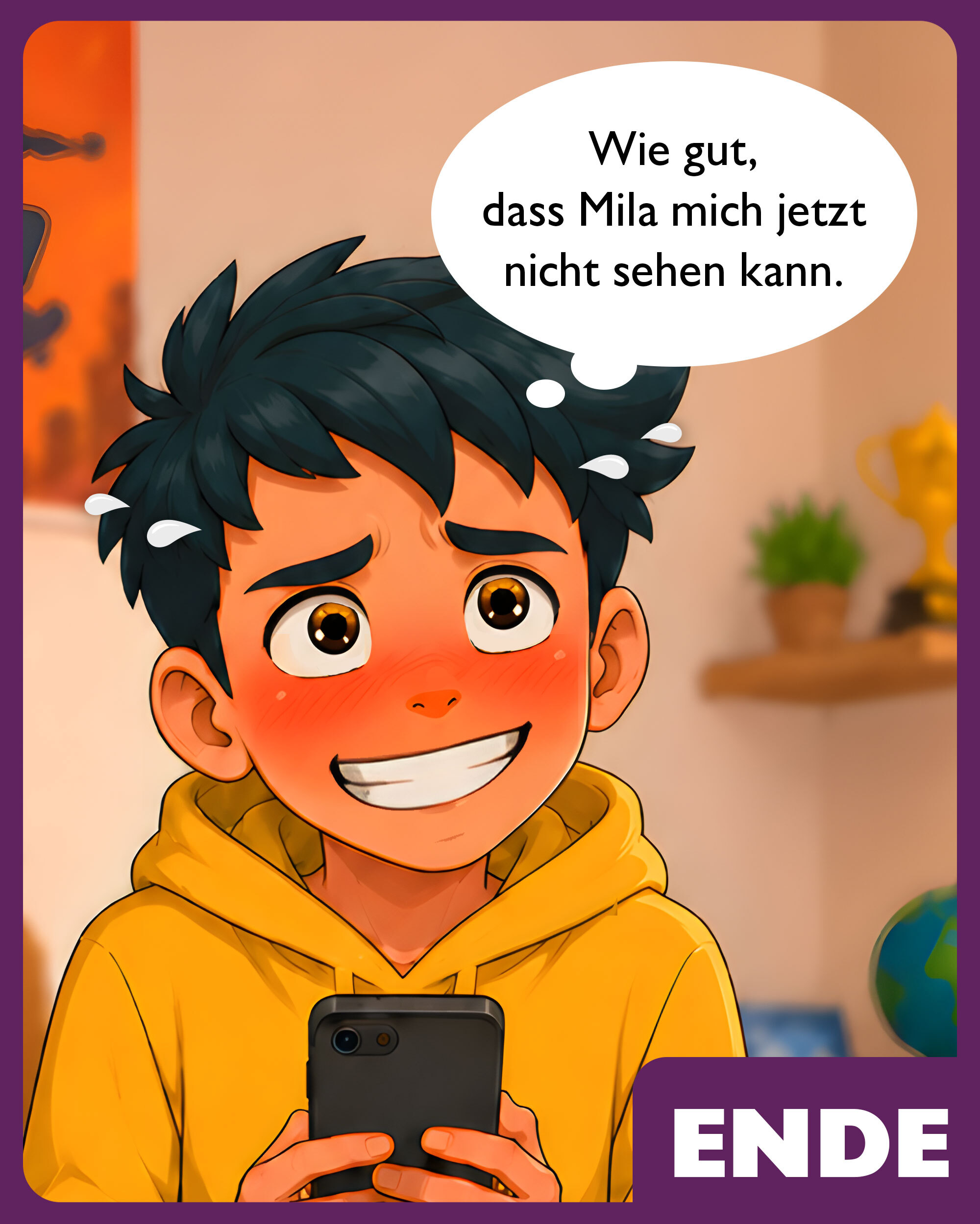 Comic-Illustration eines erleichterten Jungen, der lächelnd auf sein Smartphone schaut, nachdem das Missverständnis mit Mila geklärt wurde.