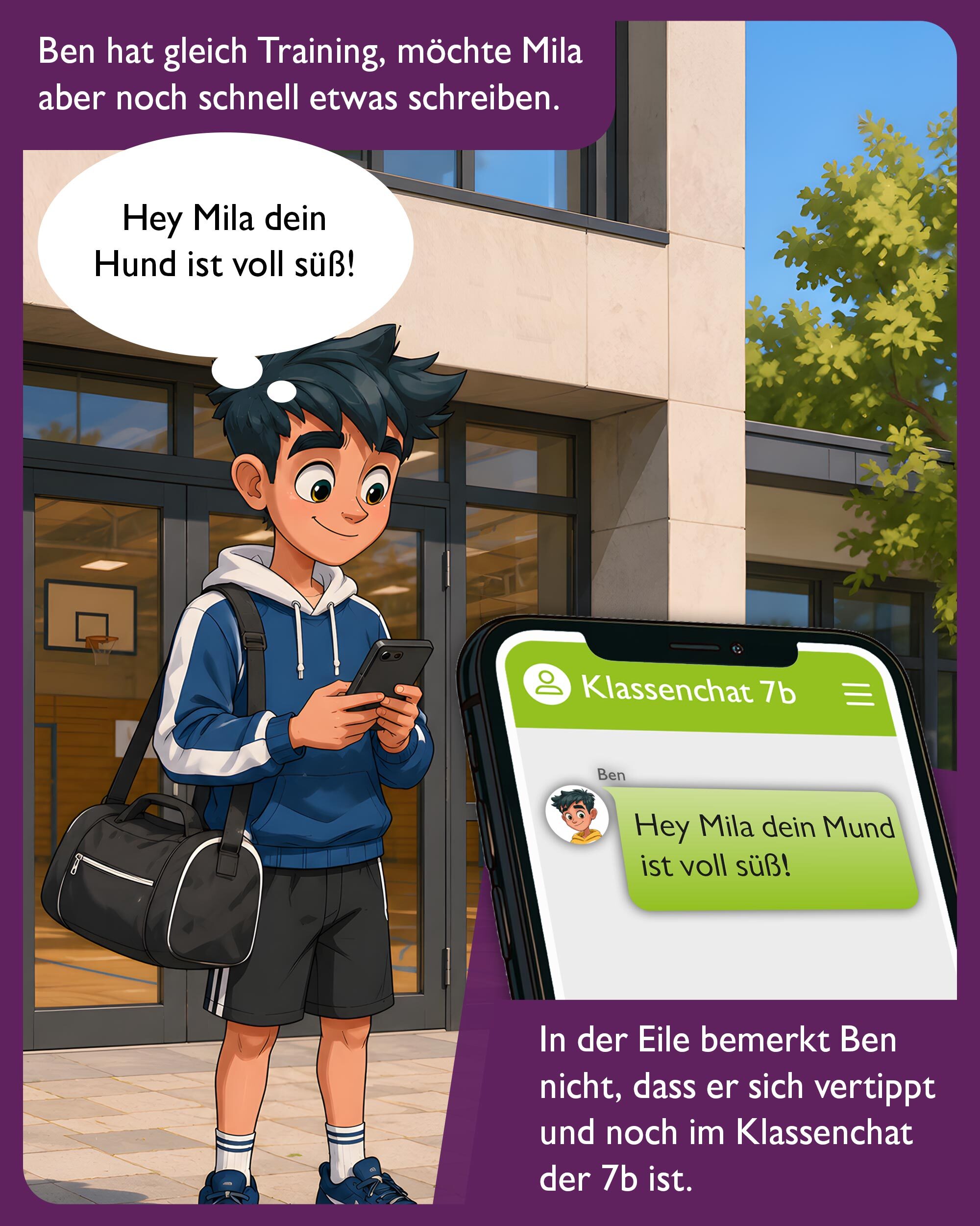 „Klassenchat 7b“ – Comic-Illustration eines Schülers, der vor dem Training eine Nachricht im Klassenchat verfasst und dabei versehentlich eine peinliche Nachricht an die falsche Person sendet.