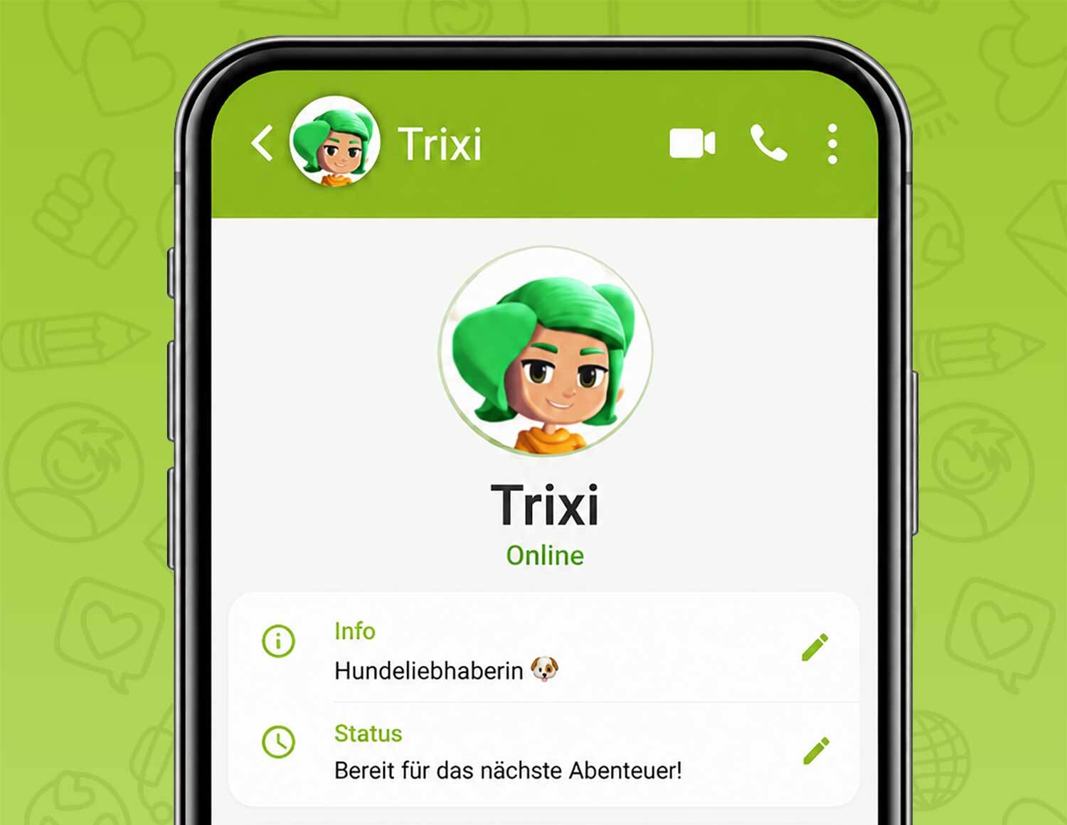 Darstellung eines Smartphone-Profils von Trixi mit Informationen zu ihrem Status und ihrer Begeisterung für Hunde.