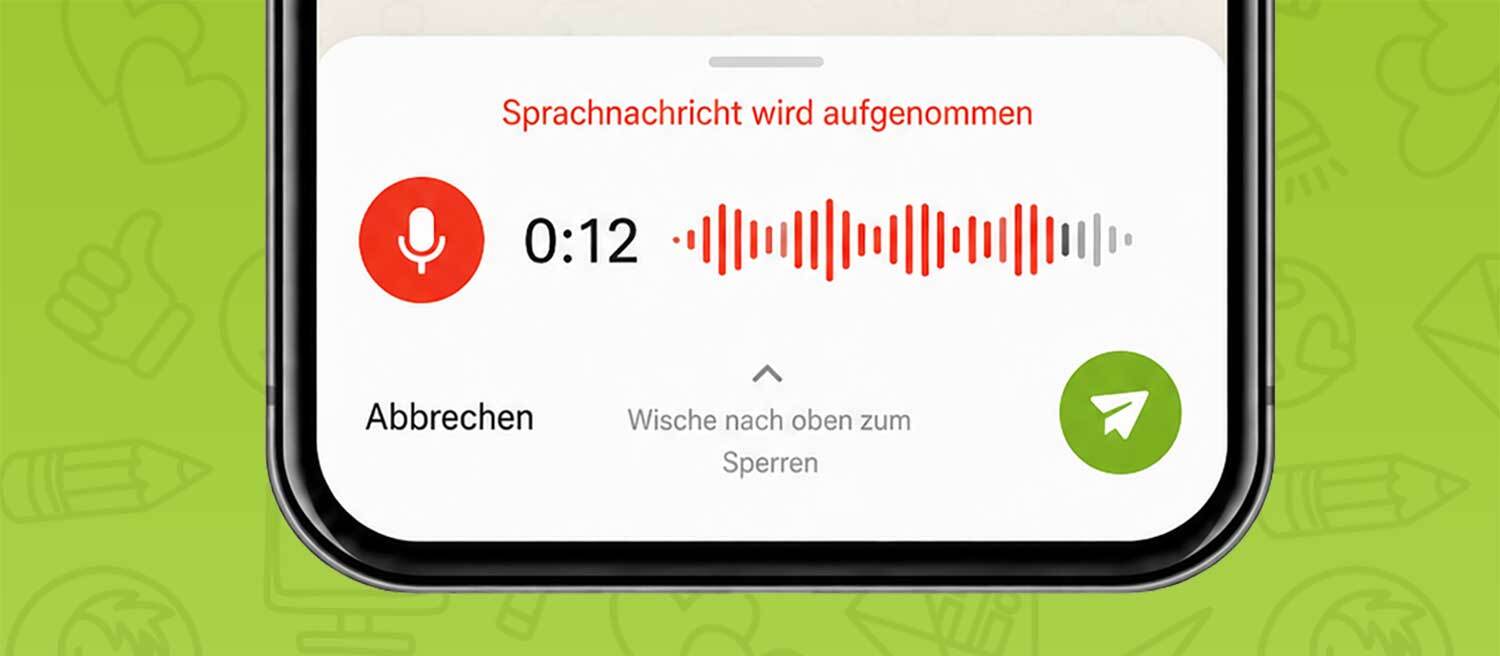 Darstellung einer aufgenommenen Sprachnachricht mit Mikrofon-Symbol, Zeitangabe und Audiowellenform in einem Smartphone-Chat.