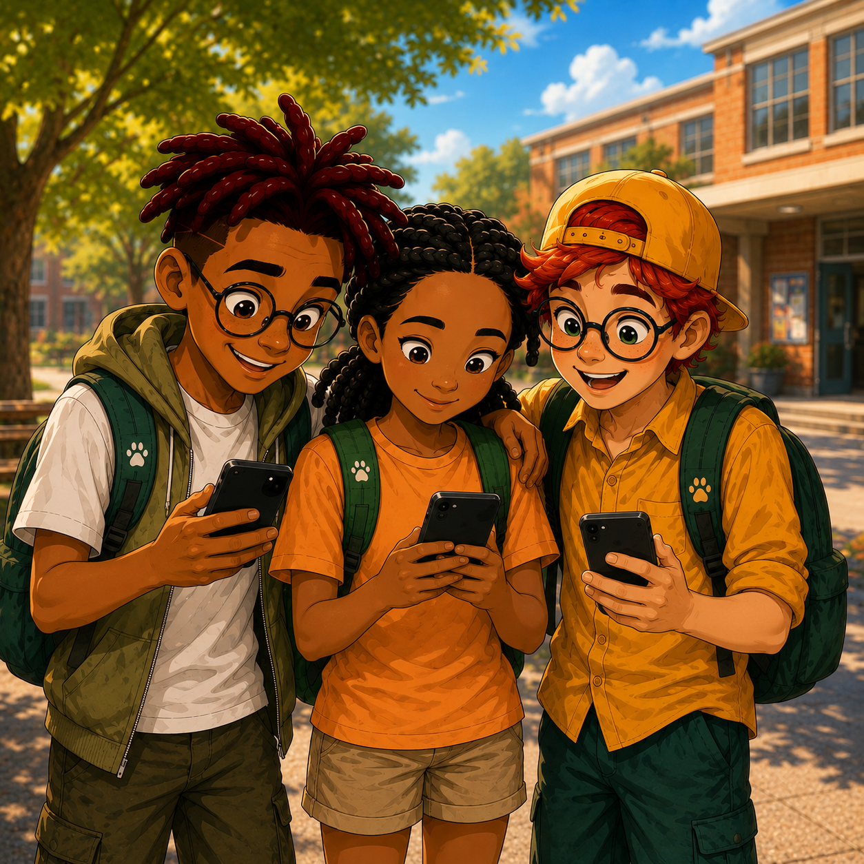 Illustration von drei Jugendlichen, die gemeinsam auf ihre Smartphones schauen und sich auf dem Schulgelände über digitale Nachrichten austauschen.